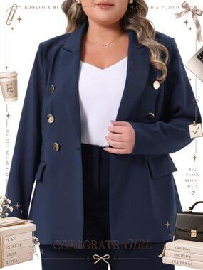 Plus Size Notch Lapel Double Breasted Blazer Office Work Long Sleeve
